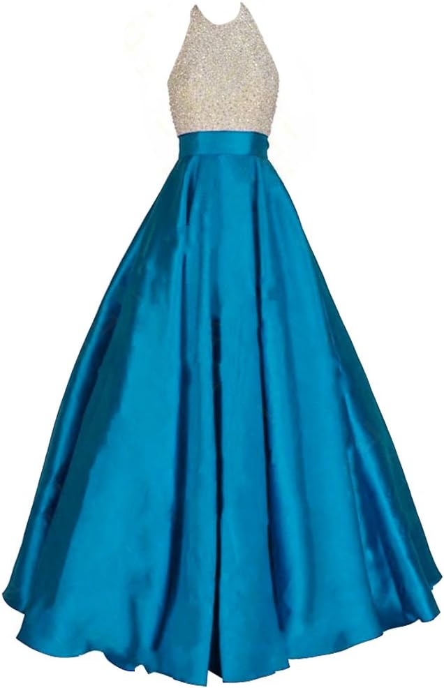 Long Beaded Halter A Line Corset Backless Prom Evening Dresses