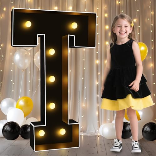 Image of Pooqla 3FT Marquee Light Up Letters, Black Large Letter T Party Decorations | LED Marquee Letters 3 Feet Tall, Black Giant Mosaic Letters Gift for Boys Men Birthday Anniversary Wedding Decoration