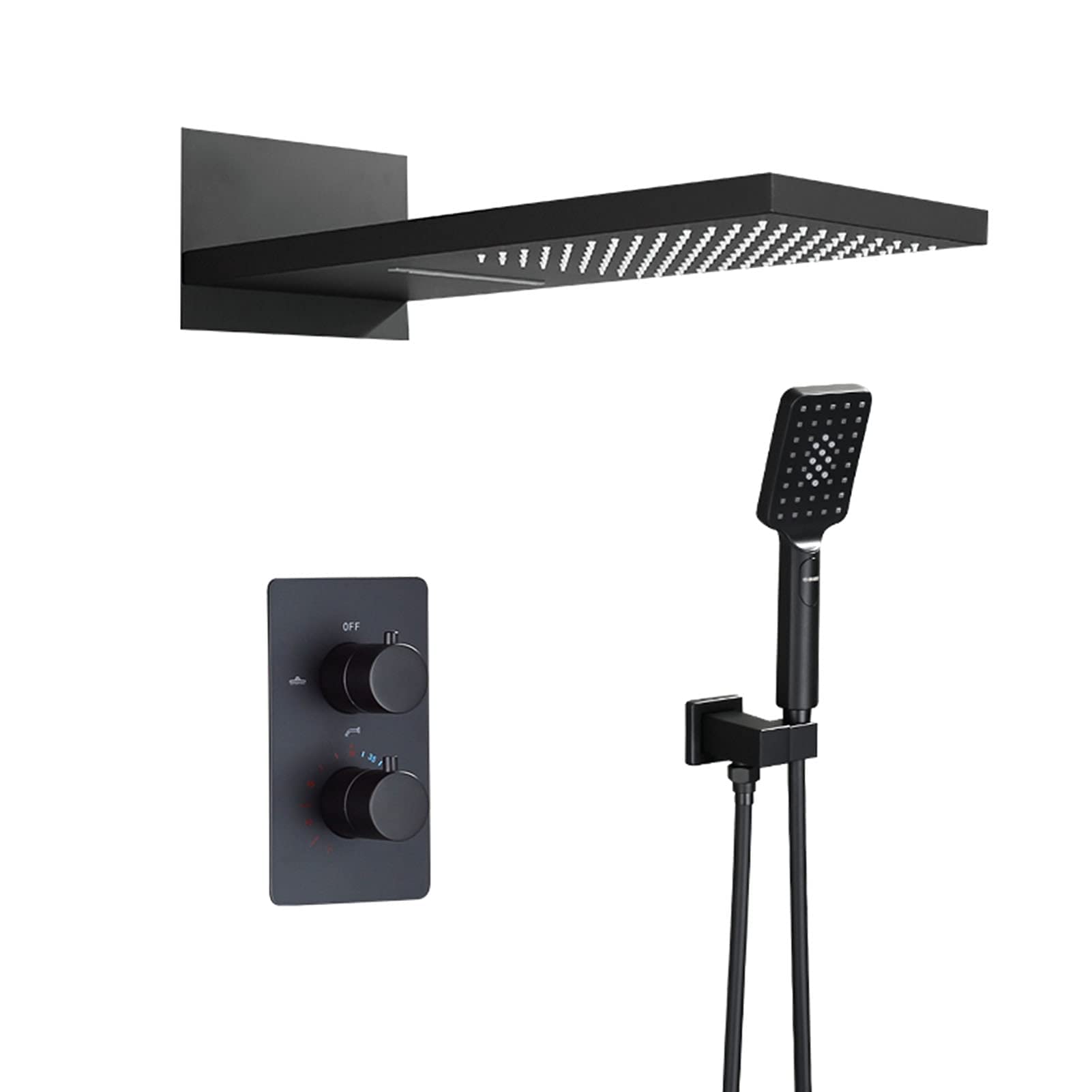 AYCDL Shower System Matte Black, Waterfall Rainfall Shower Head and 3 Modes Hand Shower, Wall Mount Thermostatic Bathroom Shower Faucet Set