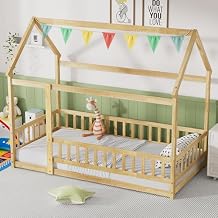PVWIIK Twin Size Montessori Floor Bed with Roof & Fence for Boys Girls Bedroom,Twin Size Platform Solid Wood Bed Frame w/Safety Guardrails,Easy Assemble,No Box Spring Needed, Natural