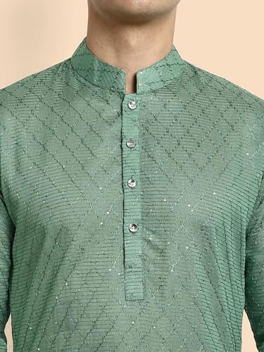 Image of Vardha Men's Cotton Chikankari Embroidered Kurta with Full Sleeves and Knee Length Design and Elegant Sequence Work | Kurta for Men