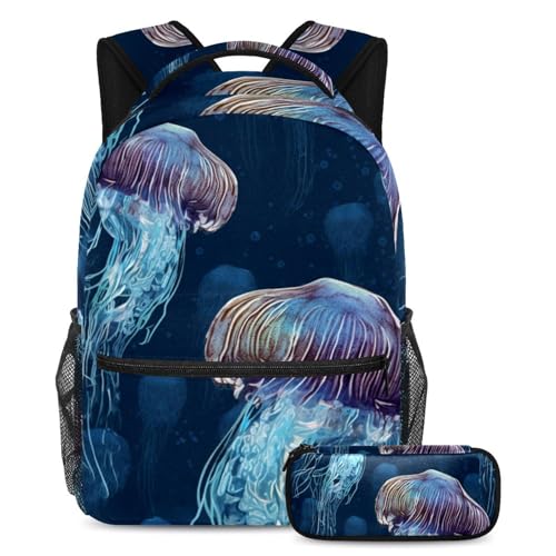 Sac à dos méduse colorée du monde sous-marin avec trousse pour l'école et sorties