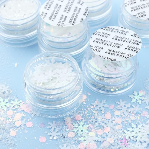 White Nail Glitter Powder Snowflakes Nail Sequins 6 Jars Winter Snowflakes Nail Art Flakes Powder Kit for Acrylic Christmas Nails Decorations DIY Crafts