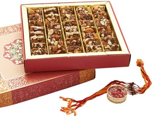Ghasitaram's - Rakhi Bracelet Gift Set for Brothers for Raksha Bandhan - Designer Rakhi, Fresh Sugarfree Dry Fruit Nut Khut Mithai Box, Tikka and Chawal