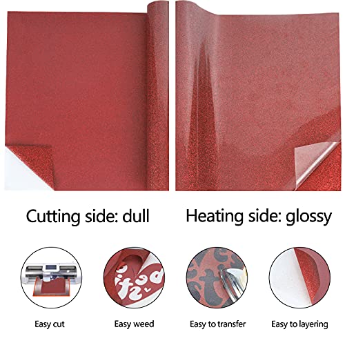 Image of guangyintong Glitter Heat Transfer Vinyl HTV Rolls, 12 inch x 8ft Iron on Vinyl for T-Shirts, Glitter Red HTV Vinyl for All Cutter Machines Easy to Cut & Weed for Heat Vinyl Design