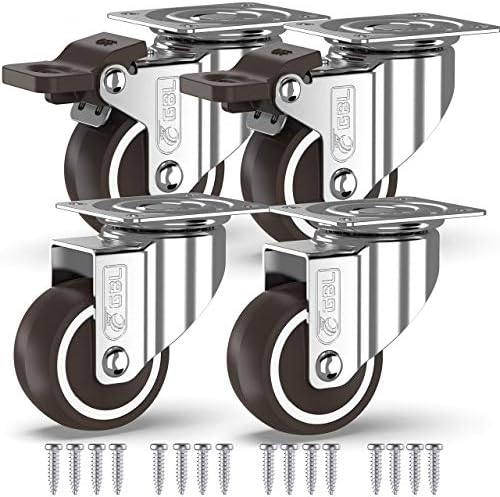 GBL Heavy Duty Castor Wheels with 2 Brakes + Screws - 50mm up to 200KG - Pack of 4 No Floor Marks Silent Caster for Furniture - Rubbered Trolley Wheels - Silver Castors
