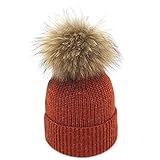  Bobble Hats Cappelli Invernali Donna Cappellino con Pompon alla Moda Cappellini in Vera Pelliccia di Visone Berretti Lavorati A Maglia per Ragazze-Arancia