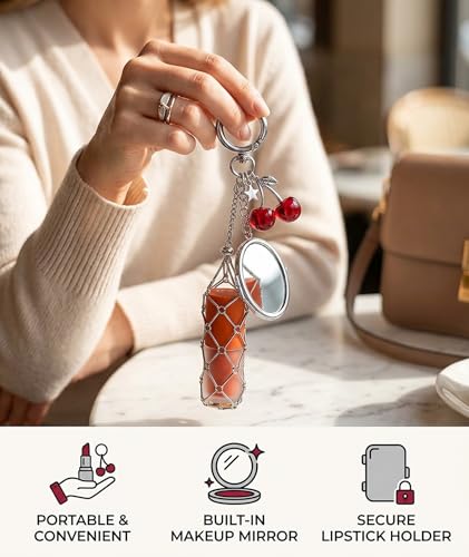 Image of Makeup Pouches, Lipstick Holder Keychain with Red Cherry Oval Mirror, Portable Makeup Organizer for Travel & Daily Use, Compact Lipstick Storage for Handbags, Y2K Bag Charms & Y2K Accessories