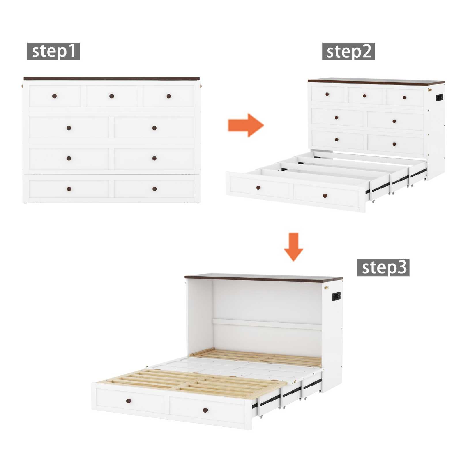 YEHTOKHOME Lit Armoire Portable 140x200cm, Multifonctionnel lit avec USB et Prise de Courant, Plateforme lit Convertible avec tiroirs et étagères, Blanc(sans Matelas)