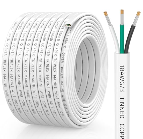 CONEPY 18 Gauge Marine Wire 18/3 Triplex Marine Grade Cable IP68 Waterproof/Oxygen-Free Tinned Copper Stranded PVC 18 AWG Wire for Boat Automotive RV Solar LED Strips (50FT)