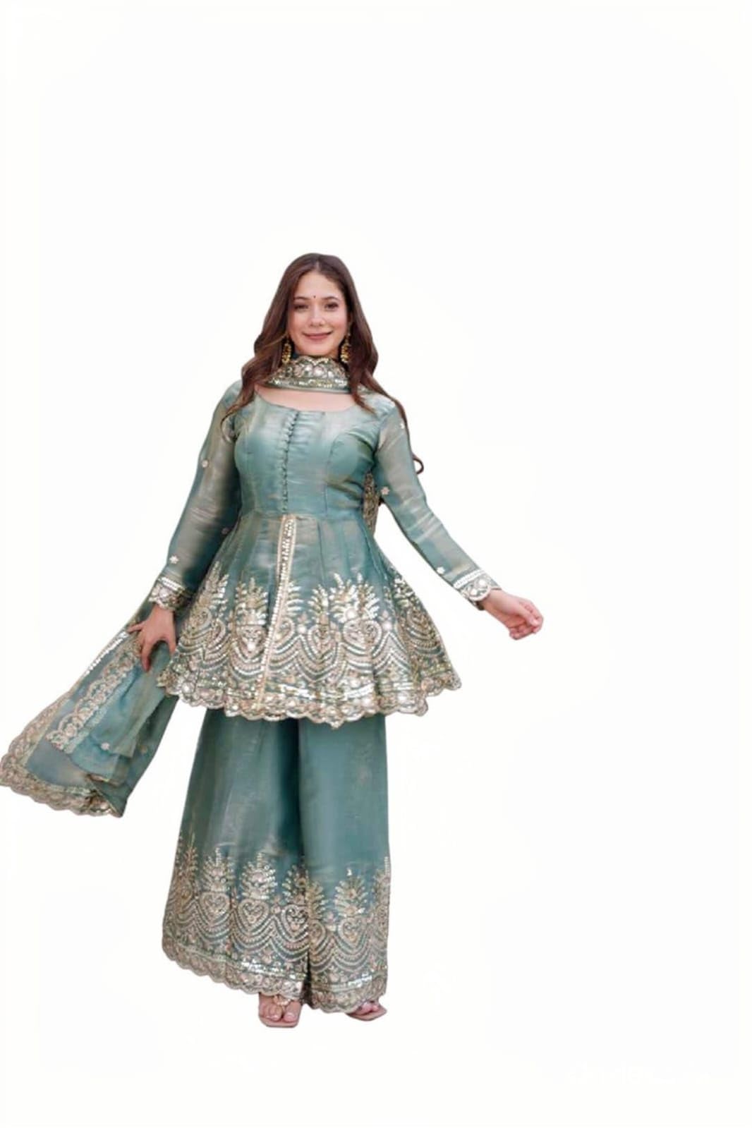 Women’s Designer Peplum Kurta Palazzo Set with Dupatta Heavy Two Tone Fandy Silk Embroidery Sequins and Real Mirror Work Fullstitched-image-33