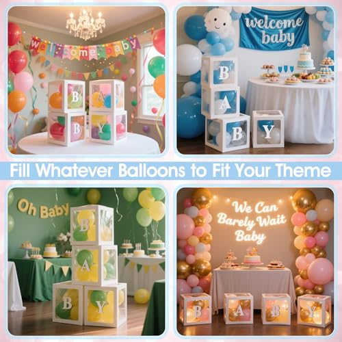 Image of Ledido Baby Boxes with Letters for Baby Shower Decorations, 4 pcs Clear Balloon Boxes with Letters for Boys Girls Gender Reveal Decorations Birthday Wedding Backdrop Party (White)