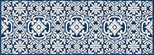 Studio M Floor Flair Collection, Indigo Tile 2.5 x 7 Feet, Durable Waterproof & Stain Resistant Vinyl, Indoor Area Mat, Protective Floor Covering, Interior Home Décor