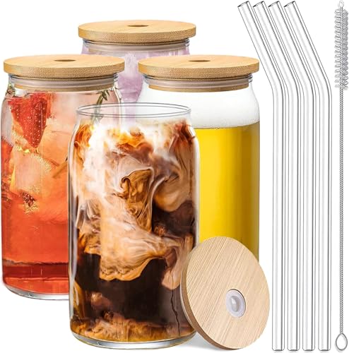 Nyganmelloz 4Pcs Drinking Glasses with Bamboo Lids and Glass Straw Set 16oz Can Shaped Drinking Glass Cups Beer Glasses Iced Coffee Glasses Cute Tumbler Cup Ideal for Whiskey Cocktail Wine