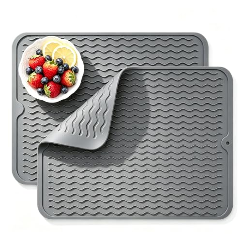 Hestiasnax 2 Pack Silicone Dish Drying Mat for Kitchen Counter, 16" X 12", Heat Resistant & Non-slip Kitchen Drying Mats, Quick-Dry Ridges, Dishwasher Safe, Hangable & Roll-Up for Storage, Dark Gray - image 1