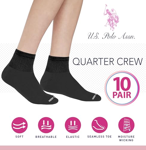Image of U.S. Polo Assn. 10 Pair Women's QUARTER Length Casual Socks - Moisture Control Running & Breathable Socks - Shoe Size 4-10, BLK /GRY /WHT 7655