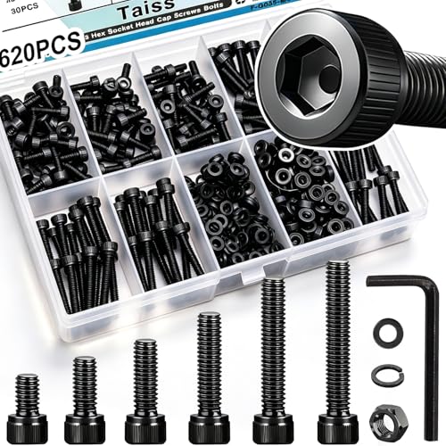Taiss 620PCS M3 Screw Kit,Hex Socket Head Cap Bolts Assortment with Nuts and Washers,M3 x 6/8/10/12/16/20mm,12.9 Grade Alloy Steel Black Zinc Plated Small Metric Screws for 3D Printing