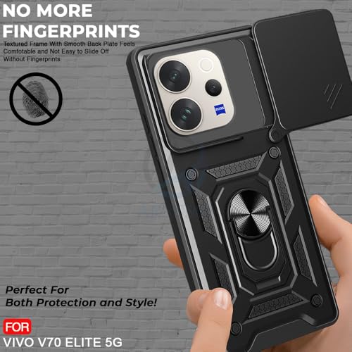 Image of AESTMO Tough Armor Vivo V70 5G / V70 Elite 5G Bumper Back Case Cover | Ring Holder & Sliding Camera Shield Cover | 360 Degree Protection Back Case Cover for (Black)