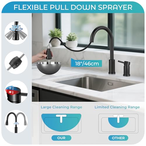 Image of Pull Down Kitchen Faucet 2 Hole - Matte Black Single Handle Kitchen Faucets, High Arc Stainless Steel Pull Out Kitchen Sink Faucet for RV Laundry Farmhouse Bar