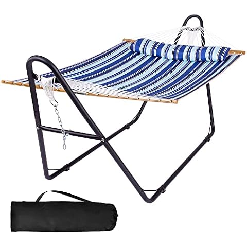 SUNCREAT Double Hammock with Stand Included, Two Person Freestanding Hammock for Outside, Blue Stripes Cover