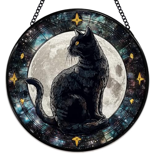 JMENGSSFL Black Cat Moon Stained Glass Window Hanging, Cat Lover Gifts Suncatcher Sun Catchers Indoor Window, Gothic Celestial Black Cats Round Glass Wall Art Hanging Decor, 7.9x7.9 inch