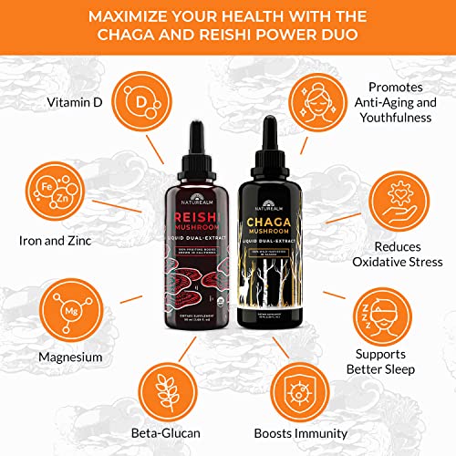 Naturealm Chaga & Reishi Mushroom Extract - Adaptogen Stack For Focus, Immunity, Longevity, Stress Relief, Gut Health, Anti-Aging, Energy & More - Organic Liquid Drops - 50 Ml Each (2 Pack) #TOP2