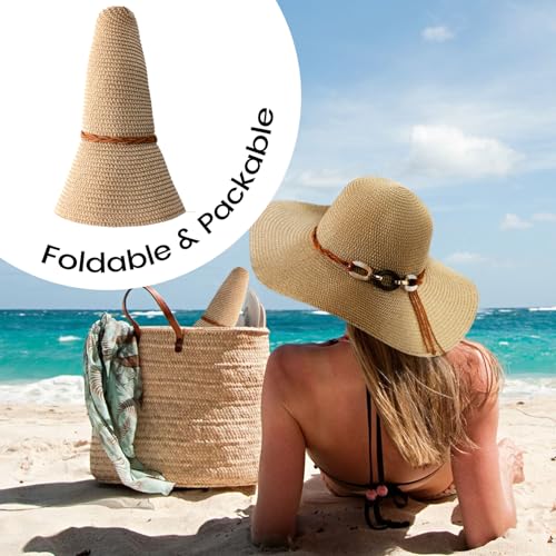 Image of Beach Sun Straw Hats for Women, UPF 50+ UV Sun Protection Wide Brim Summer Straw Hat Foldable Packable Roll up Cap