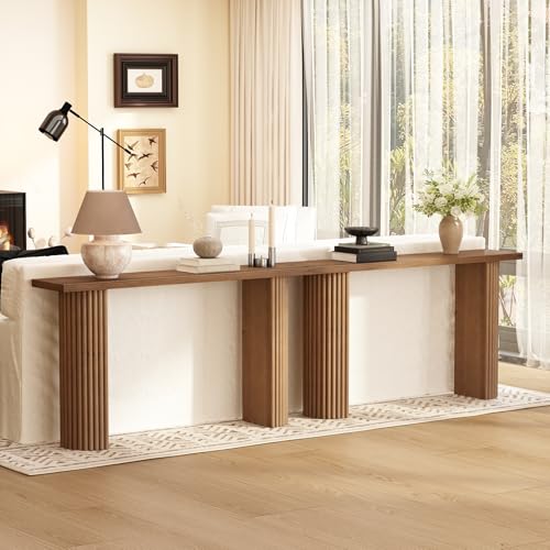 Image of Fluted Solid Wood Console Table - 55 Inches Mid Century Modern Foyer Table, Entryway Hallway Minimalist Sofa Table, Half Round Legs