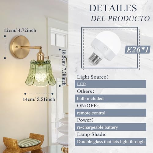 Image of Battery Operated Wall Sconce, Wireless Battery Powered Rose Wall Sconces with Remote Control, RGB Dimmable LED Vintage Wall Light for Bedroom,Living Room, Hallway（Deep Green）