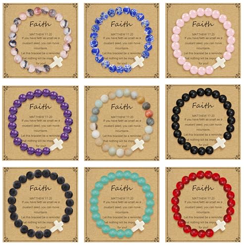 BOMAIL 9Pcs Faith Cross Bracelets for Women Men Adjustable Natural Stone Cross Stretch Bracelets Bulk Inspirational Christian Cross Faith Beaded Bracelet for Easter