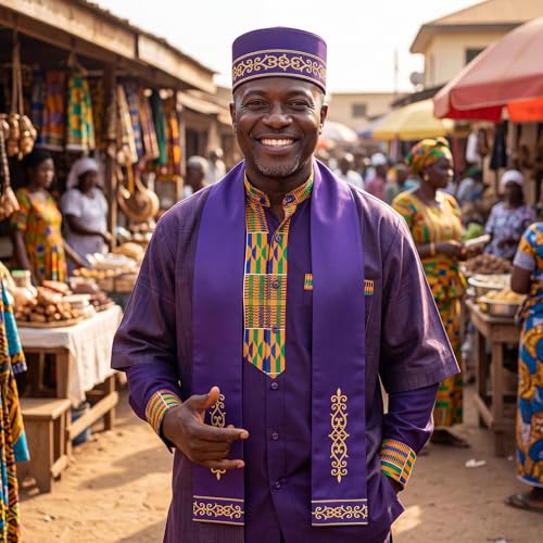 Image of Jiuguva 2 Pcs African Hats for Men Pattern African Kente Kufi Hats and Stole Sash for Black History
