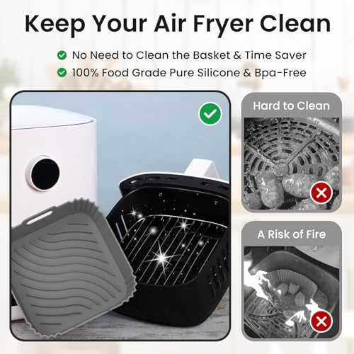 Redfly 2 Pack Silicone Air Fryer Liners, Square Reusable Non-Stick Basket Inserts for 4-5 QT Air Fryers, Dishwasher Safe Parchment Paper Replacement Accessories Gray & Black