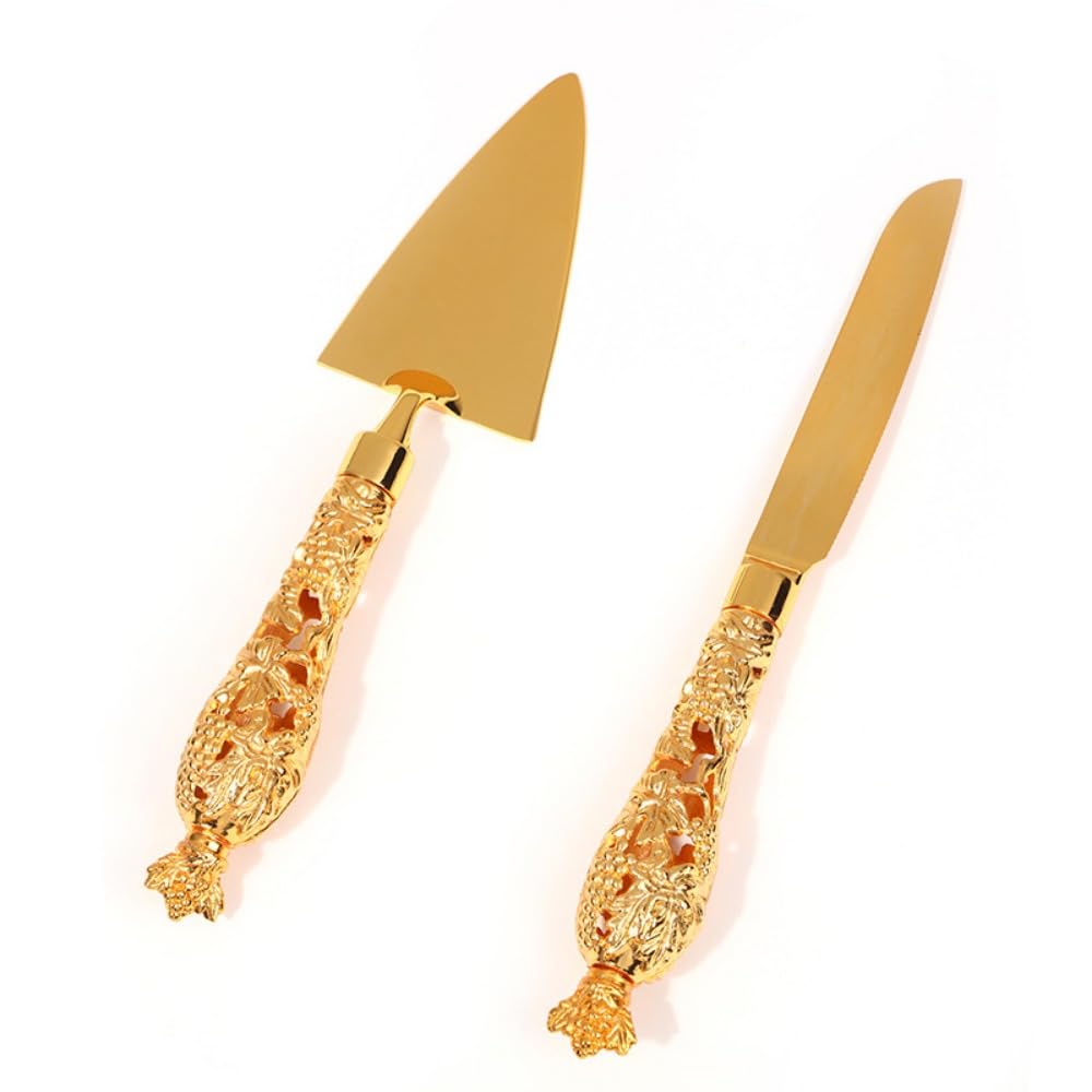 2-piece Exquisite Cake Knife and Shovel Server Set for Baking Kitchen Utensils Gold Knife and Shovel Triangle Pizza Cake and Dessert Knife and Shovel Combination (B)