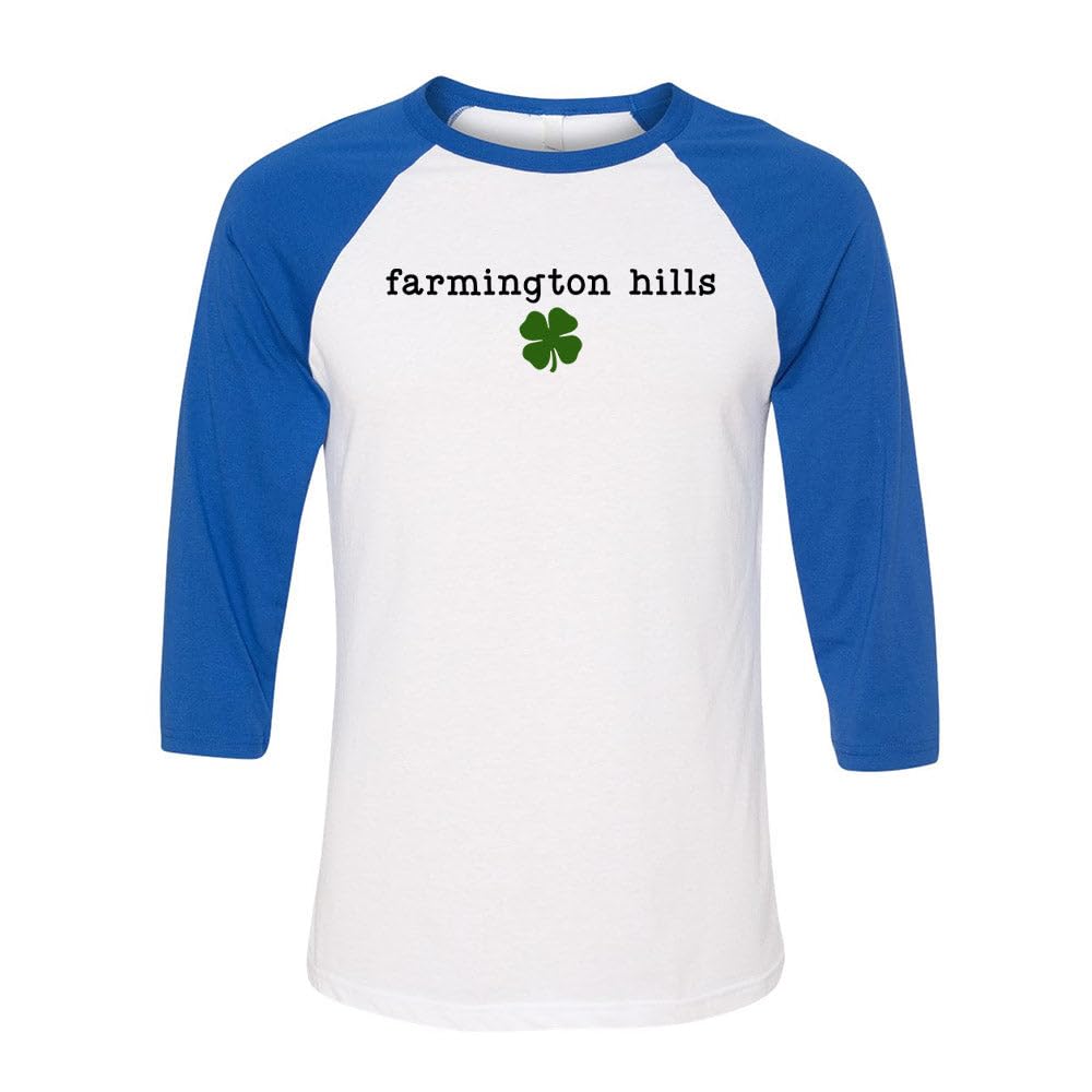 TeesAndTankYou Farmington Hills Shamrock Three-Quarter Raglan Sleeve Baseball Shirt Unisex X-Large White/Royal