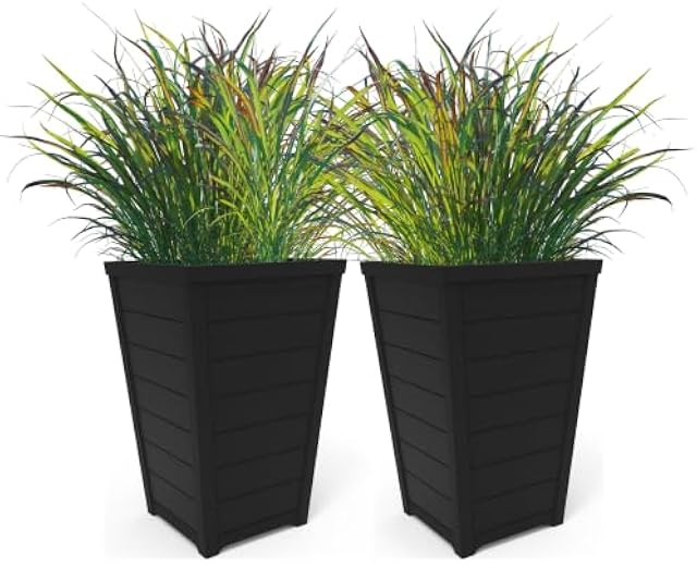 Keter Set of 2 Resin Modern Outdoor 22 Inch Tall Large Flower Pots, Tapered Wood Look Planters for Outdoor Plants and Front Porch Decor, Graphite