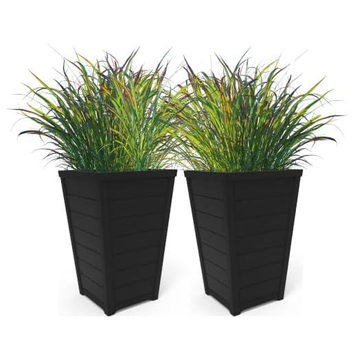 Keter Set of 2 Resin Modern Outdoor 22 Inch Tall Large Flower Pots, Tapered Wood Look Planters for Outdoor Plants and Front Porch Decor, Graphite