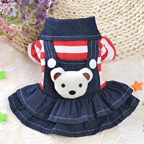 Popetpop Denim Dog Dress - Cute Red Stripe Plush Bear Cowboy Pet Skirt, Pet Clothes For Small Medium Large Dogs Puppy, Pet Costumes #TOP1