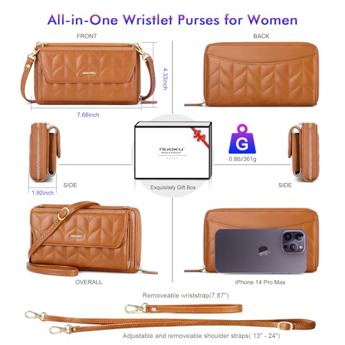 Image of nuoku RFID Blocking Wristlet Wallet for Women, Zip-Around Crossbody Clutch with 2 Removable Straps
