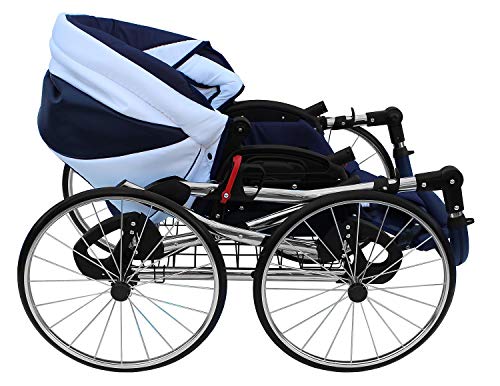 Lux4kids Retro Kinderwagen 17" Reifen Speichenräder Pannenfrei mit Sonnenschirm Classico Blue 01 4in1 Autositz +Isofix