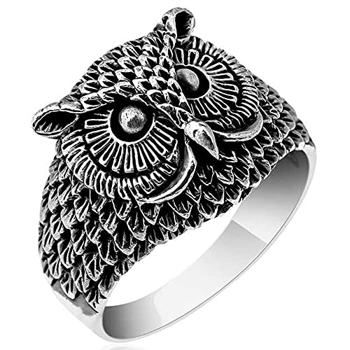 Solid 925 Sterling Silver 3D Owl Figure Men's Ring