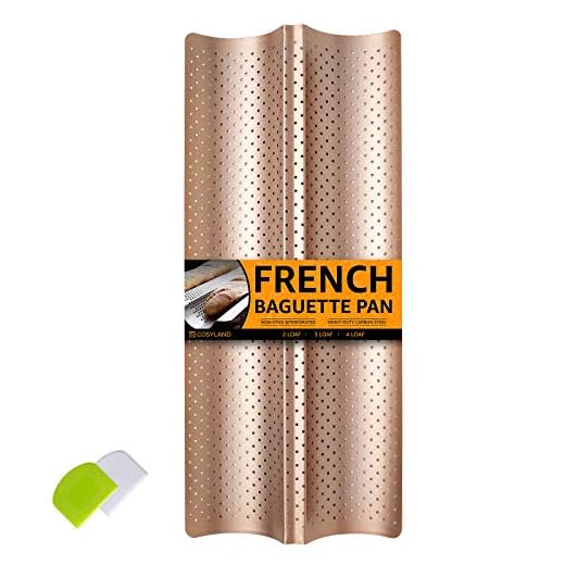 COSYLAND Perforated Baguette Pan for French Bread Baking - 2 wave Loaf, Nonstick Bake Mold - Dough Scraper + Cooking bakers’ tools for Professional & Home Bakers (Gold)