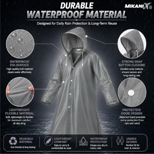 Image of MIKANIX Waterproof Hooded Raincoat for Men & Women | Full Length Reusable PVC Rain Wear | Lightweight Windproof Rain Jacket with Front Button Closure (Pack of 1)