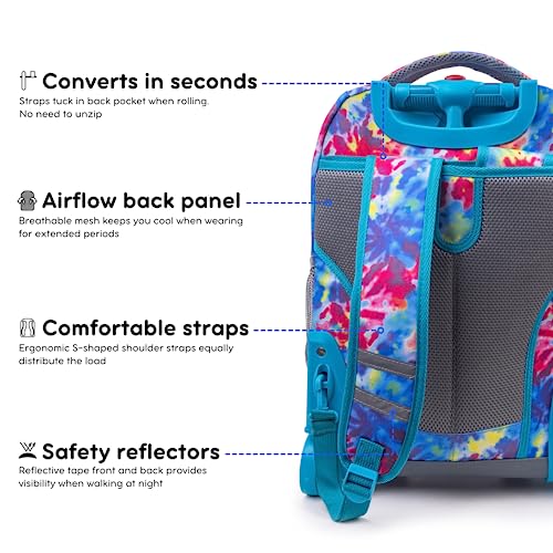 Image of J World Sunrise Kids Rolling Backpack with Wheels for Girls Boys, Roller Bookbag for School, 18 x 13 x 9 Inches, Tie Dye