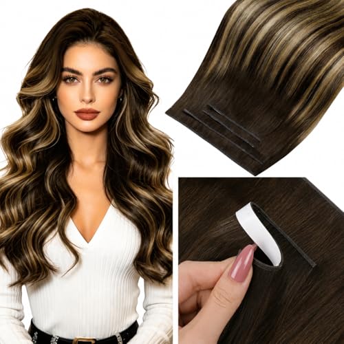Image of LaaVoo Ombre Tape in Weft Hair Extensions Real Human Hair Tape in Weft Extensions Balayage Dark Brown Genius PU Tape on Hair Extension Human Hair 22inch 120g 4pcs