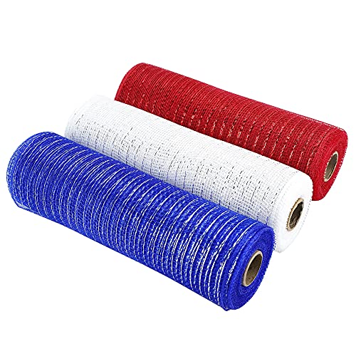 MEEDEE 3 Rolls 4th of July Mesh Ribbon Red White Blue Deco Poly Mesh Ribbon for Patriotic Wreaths, Swags, Memorial Day Decorations and Party Decor ( 9.5 Yards Each Roll, Total 28.5 Yards )