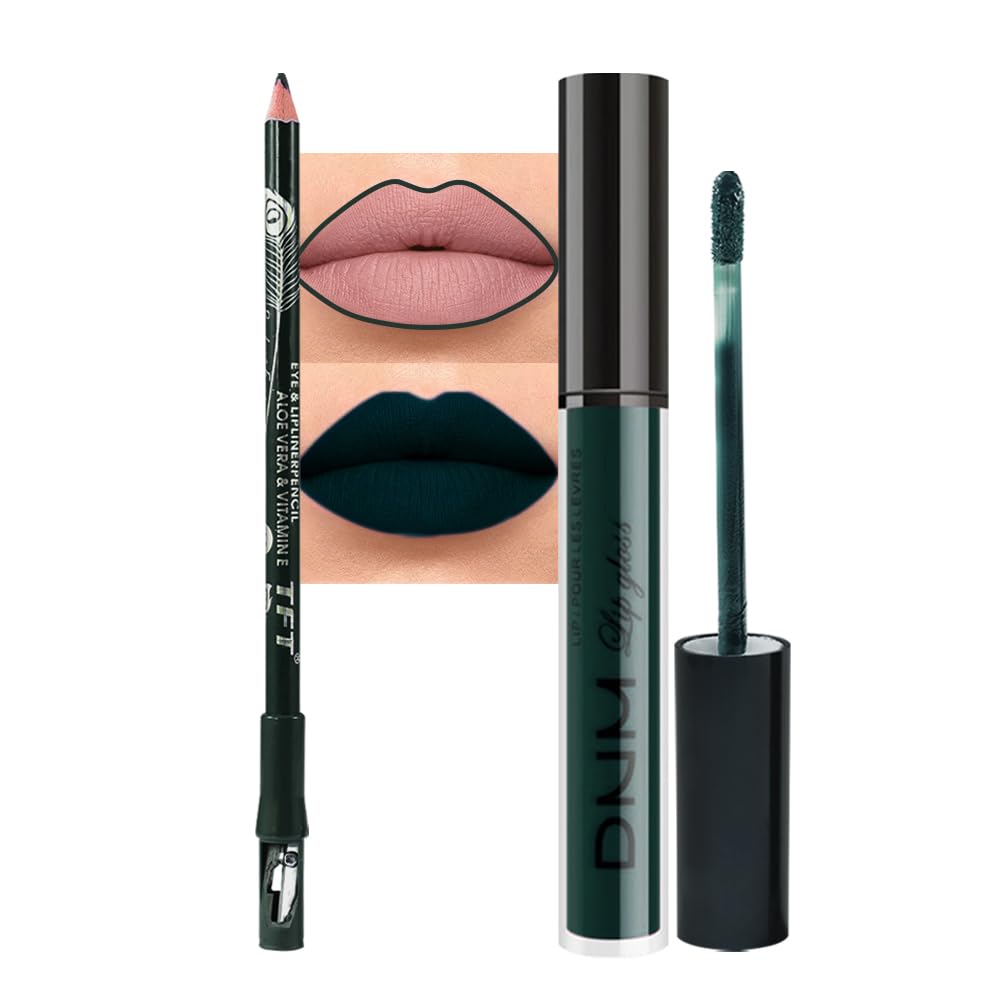 evpct 2Pcs Matte Dark Green Lipstick and Lip Liner Gloss Makeup Set matt Matte Liquid Lipstick Long Lasting Set 24H and with Lip Liner 23#