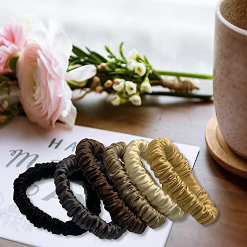 Image of VLOMOT 6 Pcs Set 100% Pure Mulberry Silk Hair Scrunchies Silk Hair Ties with 6 Chic Colors Everyday Skinny Scrunchies Silk Ponytail Holders Hair Care No Damage (Chocolate)
