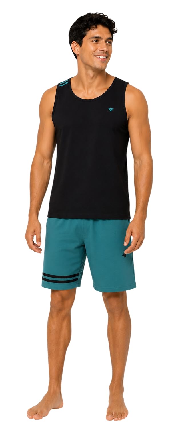 Pijama de hombre de algodón corto ligero de verano – Camiseta de tirantes y pantalones cortos – Pijama de dos piezas de 100% algodón fresco –