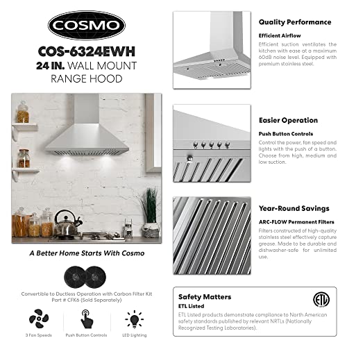 Cosmo Cos-6324Ewh Wall Mount Range Hood (24 Inch) & Empava Empv-24Gc4B67A 24" Gas Stove Cooktop 4 Italy Sabaf Sealed Burners Ng/Lpg Convertible Stainless Steel Cooker, 24 Inch #TOP3