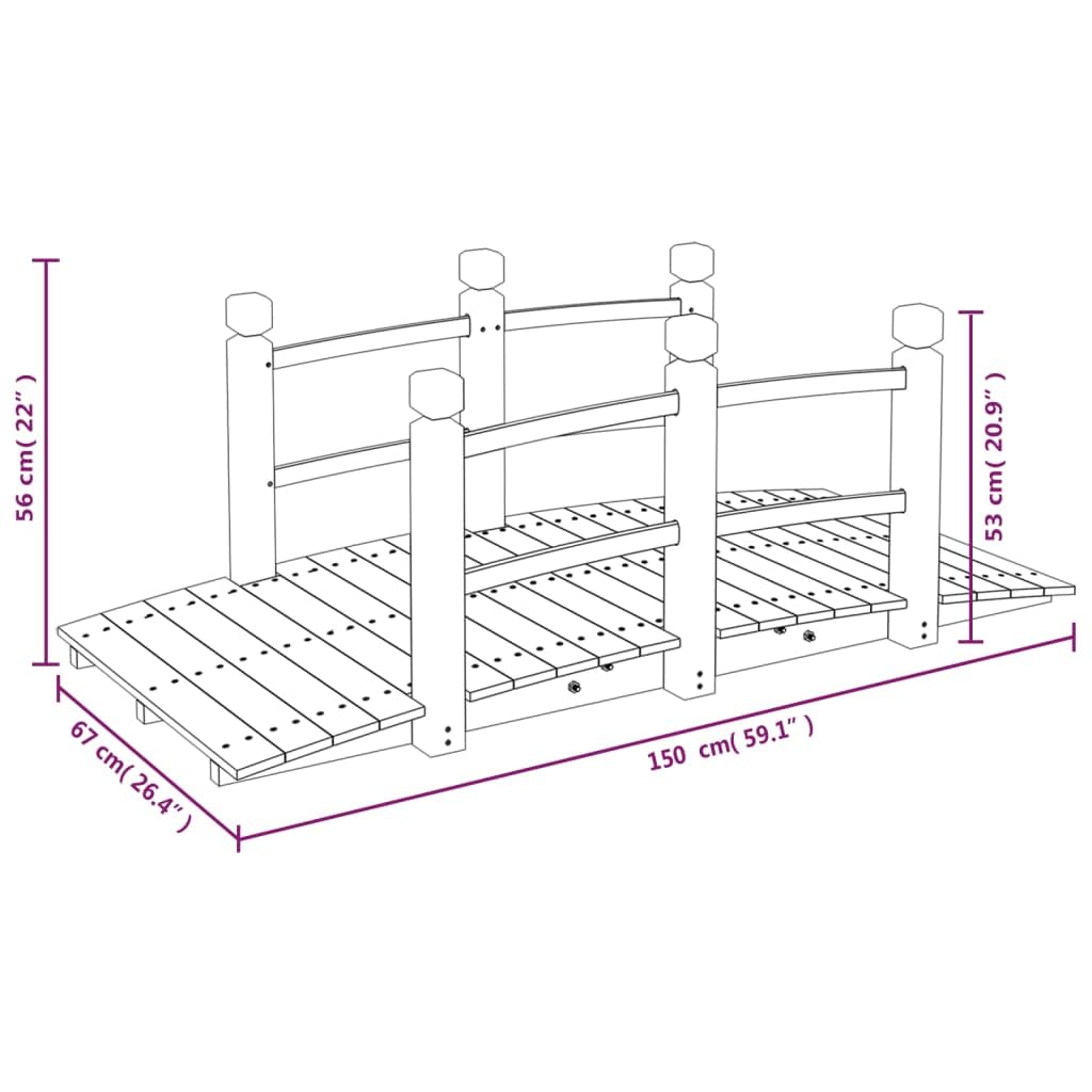 Ponte da giardino in legno di abete massiccio con ringhiera, 150 x 67 x 56 cm, stabile ponte in legno per giardino, laghetto, terrazza, cortile, decorazione per esterni, ponte sicuro con